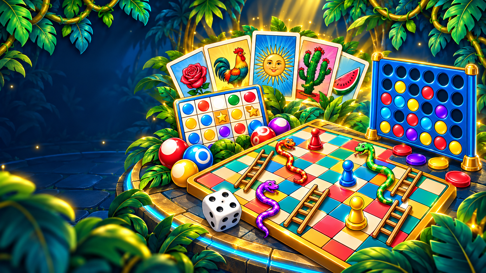 Lotería, Bingo, Snakes and Ladders, and Connect Four gathered in a glowing jungle arcade